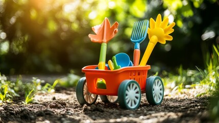 A toy garden cart with a variety of garden tools in it