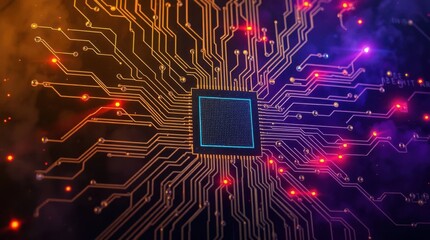 Futuristic technology concept with glowing circuit board and processor