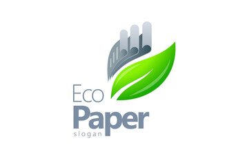 Eco Paper Logo. Ecology theme. Gray Papers and Green Leaf. Template design vector. White background