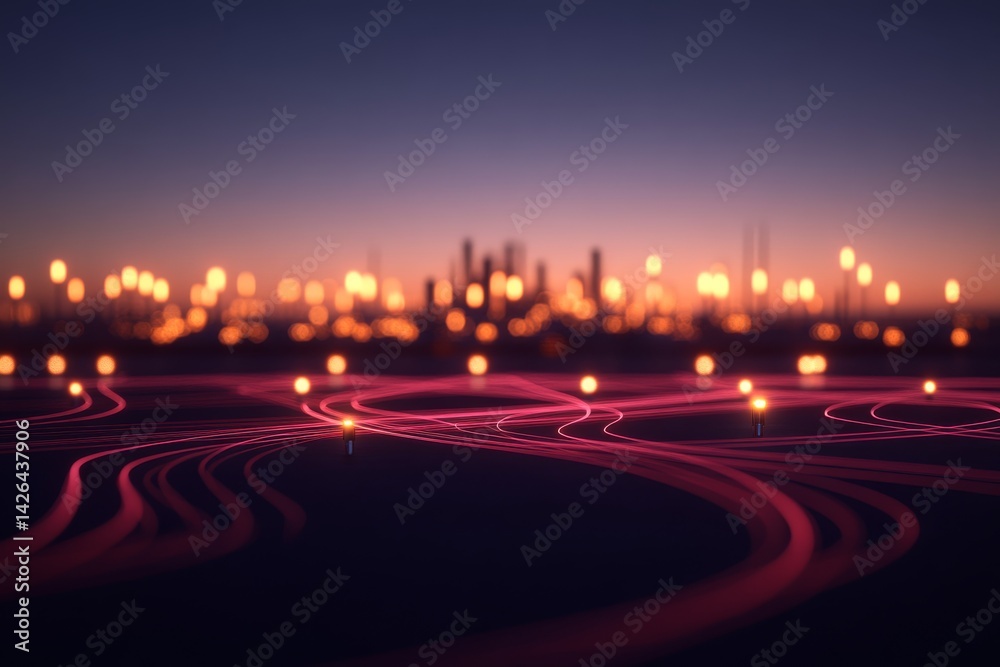 Poster Glowing abstract world map showcases interconnected lines that represent global communication in a digital landscape, set against a dark backdrop with space for text