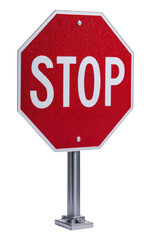 New Red and White Octagonal Stop Sign with Reflective Surface and Metal Pole Traffic Control Symbol Photography Isolated on Transparent and White Background