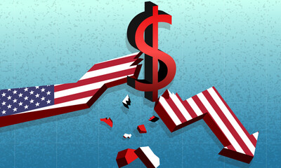 Dollar currency sing crush American economic arrow market. Concept of crisis, competition tensions, tax, tariffs, trade, war, partnership, sanctions, duties partnerships in US
