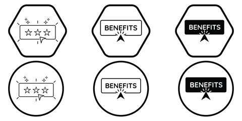 Benefit button icon set vector illustration for financial advantages, premium incentives, and value representation.