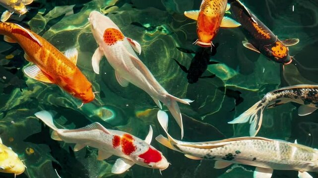 Top-down video shot of colorful koi fish swimming in clear water, showcasing vibrant patterns and serene aquatic movement. Live desktop wallpaper.