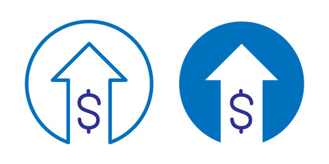 Vector isolated dollar increase icon set in blue outline and fill