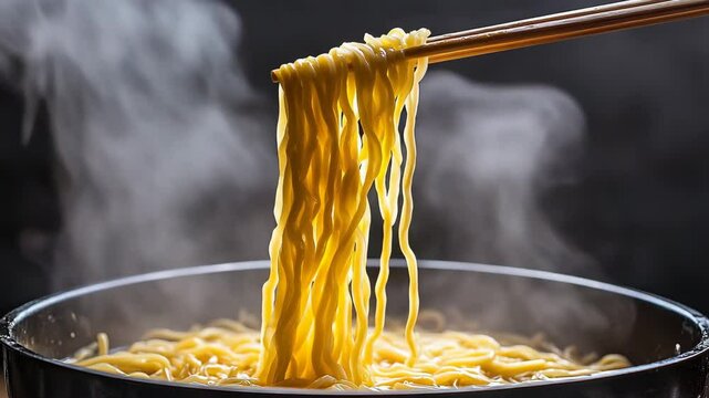 A steaming bowl of noodles is being lifted with chopsticks, showcasing the texture and deliciousness of the dish.