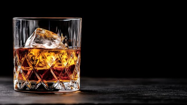 Captivating side-angle view of a whiskey glass with ice cubes creating a splash. The brilliant golden liquid shines under dramatic lighting, enhancing the moment - Powered by Adobe