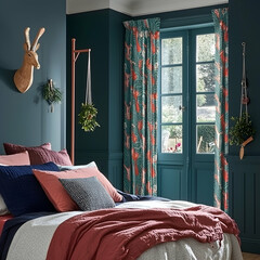 Teal bedroom interior design with patterned curtains, plants, and deer head decor. Peaceful garden view.  Home decor inspiration