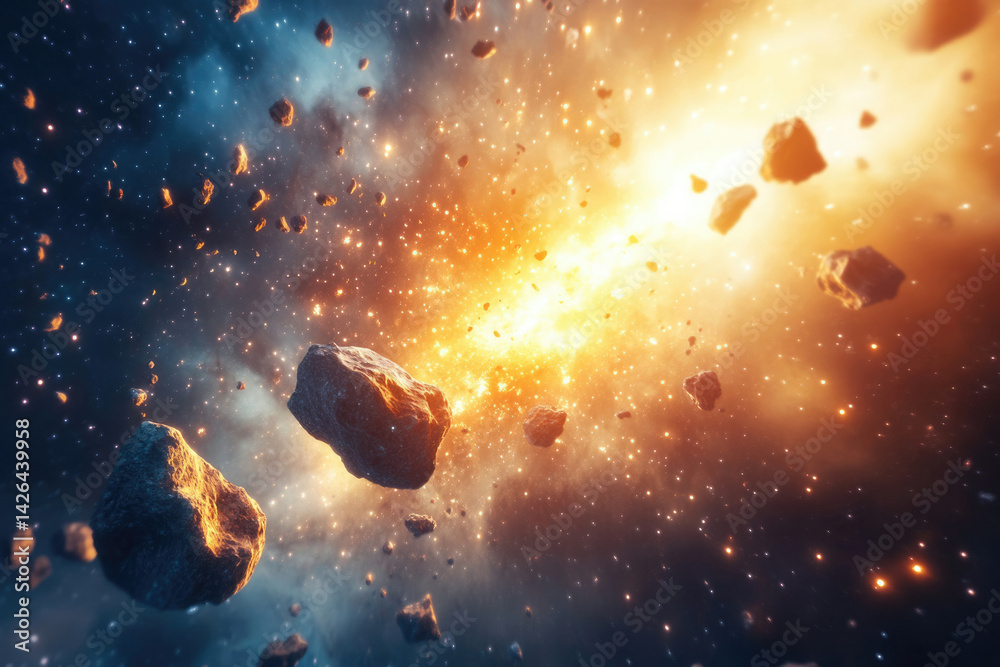 Poster fiery cosmic explosion with asteroids and space rocks flying through nebula, bright light.