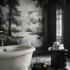 Luxurious monochrome bathroom with scenic mural, marble floor, and black accents; ideal for interior design websites