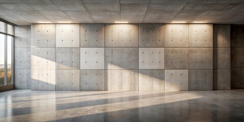 Modern minimalist interior design featuring a concrete wall and polished floor with sunlight streaming in