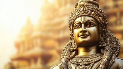 Fototapeta premium A majestic Lord Rama idol with golden details in front of a softly blurred temple.