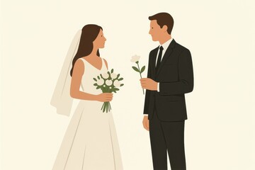 Minimalist Wedding Bliss: Couple Holding Flowers in Simple Style