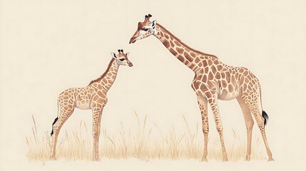 Fototapeta premium Giraffe calf with mother with savanna.