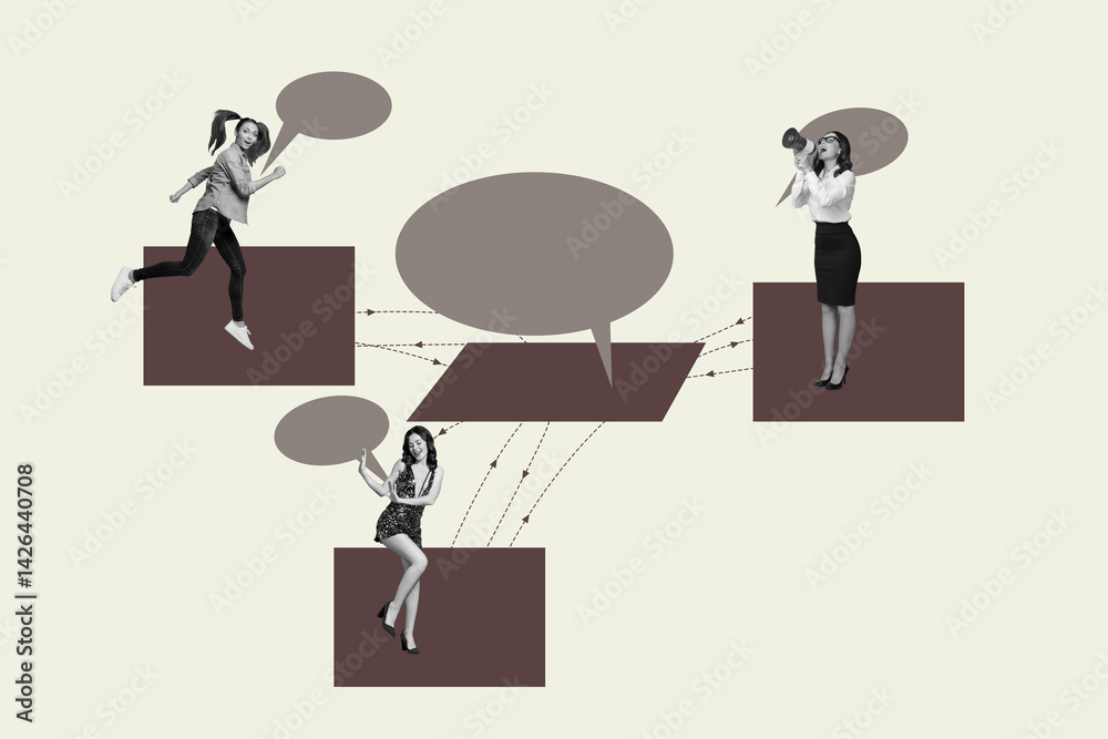 Poster abstract collage of people stand square speak textbox connect on yellow background
