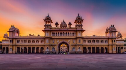 Fototapeta premium A majestic view of Mysore Palace entrance at sunrise, showcasing its stunning Indo-Saracenic architecture