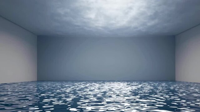 Flooded empty room with water reflecting minimalist ceiling architecture