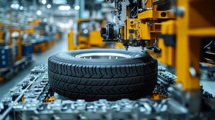 Automated tire assembly process in a modern factory.