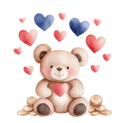 Cute teddy bear surrounded by colorful hearts and coins. isolated against a transparent background.