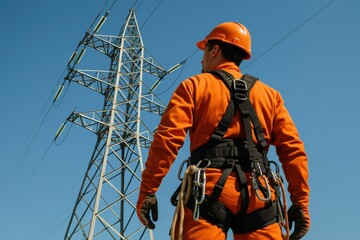 Electrician at work, inspecting high voltage power lines on a bright sunny day.