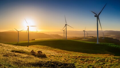 Obraz premium peaceful countryside wind farm at sunrise with renewable energy