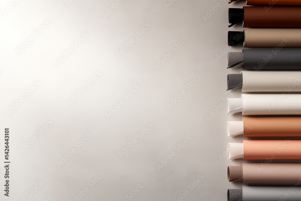 Poster Various styles of window blinds are artistically arranged in a flat-lay composition on a neutral background, creating an inviting setting for interior design inspiration