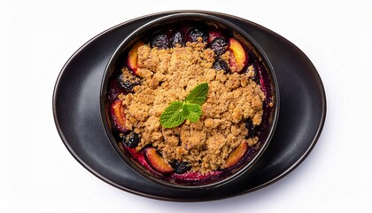 top view of a delicious looking victoria plum crumble on a dark bowl isolated on a white white background