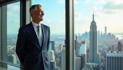 Happy businessman in office looking out the window