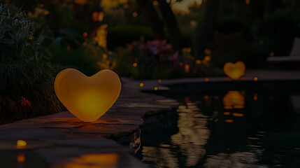 Fototapeta premium Radiant heart-shaped lanterns illuminating the tranquil outdoors at twilight, creating a serene and enchanting ambiance.