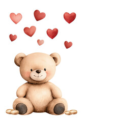 Obraz premium Cute teddy bear surrounded by hearts, perfect for children's art. isolated against a transparent background.