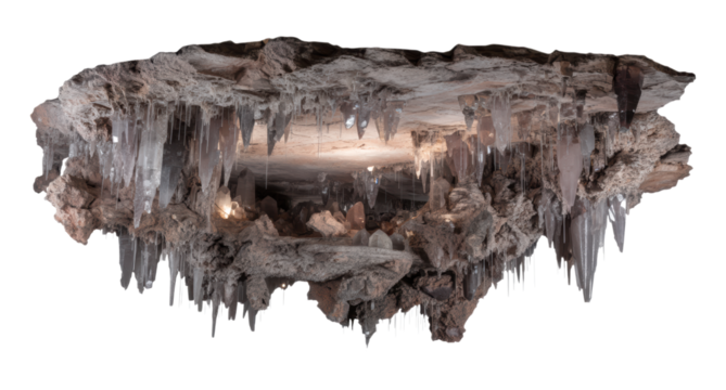 Natural Cave Formation with Dramatic Stalactites and Crystal Icicles Showing Underground Limestone Structure Interior Photography Isolated on Transparent and White Background