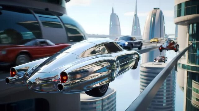 A chrome retro-futuristic flying car navigates a busy skyway amidst other airborne vehicles in a futuristic city. Visualizing future traffic flow, urban mobility, sci-fi scenes. Dense tech transit. 4k