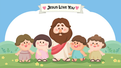 Cute Cartoon Jesus with Four Happy Children on a Flower Meadow with Blue Sky and “Jesus Loves You” Tag  Perfect for Children’s Church and Sunday School