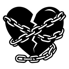 Vector illustration of a broken heart wrapped in heavy chains in black and white. Represents heartbreak, emotional pain, and being trapped.