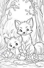 Two fox kits playing by water lilies in a forest, coloring page