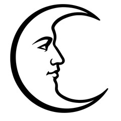 Vector illustration of a crescent moon with a human face in profile in black and white. Represents night, celestial bodies, and folklore.