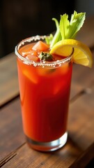 Spicy tomato cocktail with lemon slices, celery stalk, and salted rim, served in a tall glass with ice, perfect for brunch or a savory refreshment with bold flavors.
