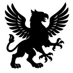 Vector illustration of a black griffin silhouette with spread wings, an eagle's head, and a lion's body. Represents mythology, heraldry, and fantasy.