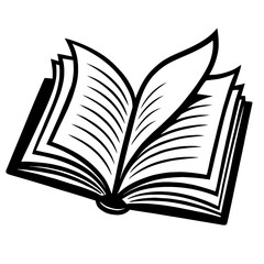 Vector illustration of an open book with pages and text lines in black and white. Represents reading, knowledge, learning, and literature.