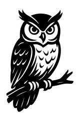 Vector illustration of an owl with large eyes perched on a branch in black and white with stylized feathers. Represents wildlife, birds, wisdom, and a graphic style.