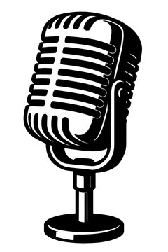 Vector illustration of a classic vintage microphone on a stand in black and white. Represents audio, music, speech, and a retro graphic style.