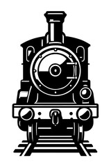 Vector illustration of a vintage steam train viewed from the front on railway tracks in black and white. Represents historical transportation, locomotives, and a classic graphic style. © Mr. Designer