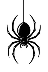 Vector illustration of a black spider silhouette hanging from a single thread. Represents nature, insects, arachnids, and a simple graphic.