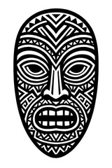 Vector illustration of a tribal mask in black and white with intricate geometric patterns and stylized facial features. Represents culture, ethnicity, and decorative graphic elements.