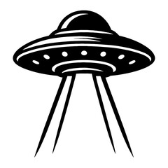 Vector illustration of a classic flying saucer or UFO in black and white with a dome, lights, and a beam projecting downwards. Represents unidentified flying objects, extraterrestrial life, and scienc