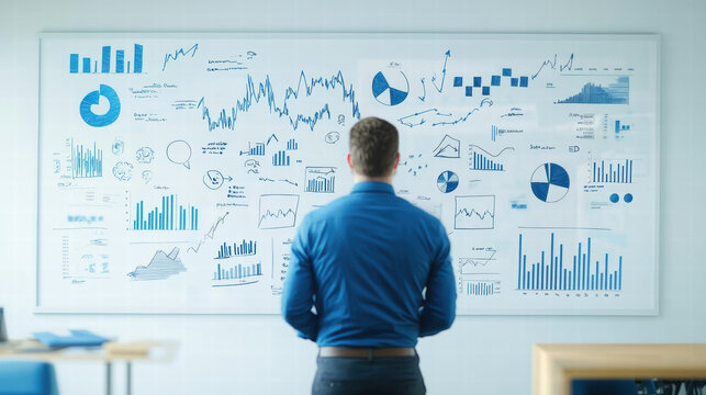 Business professional analyzing data on whiteboard filled with charts and graphs - Powered by Adobe