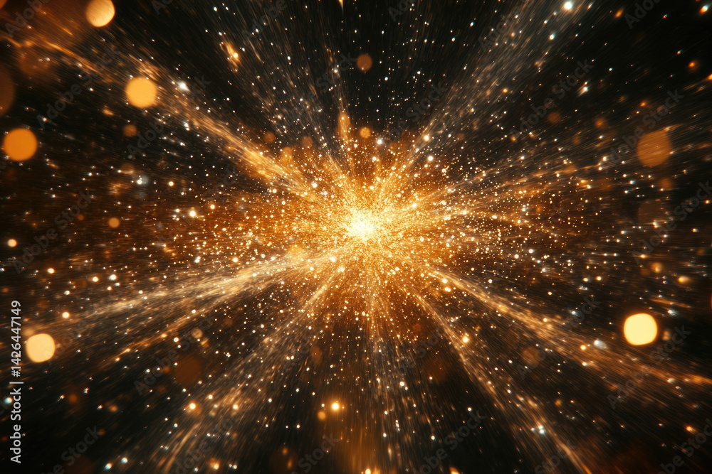 Poster a radiant golden explosion of light and particles, resembling a celestial event or firework display.