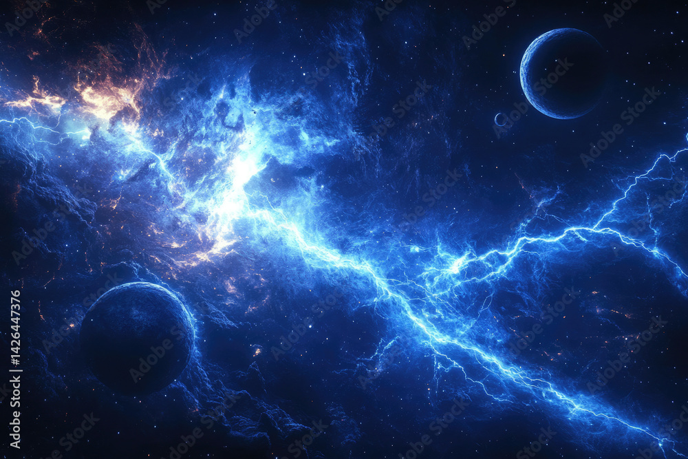 Poster Cosmic energy surges through a nebula, illuminating planets and stars in a vibrant display of celestial power.