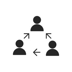 Three persons with arrows in a triangle circle illustration black shaped. Vector icon in flat style.
