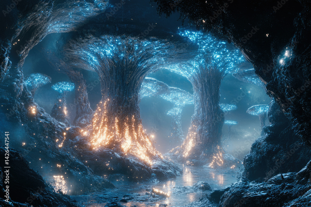 Poster enchanted bioluminescent forest with glowing mushrooms and trees in a mystical cave.